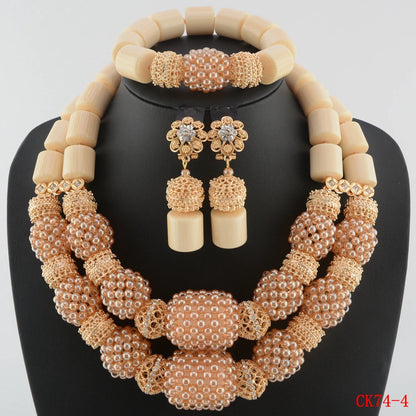 Nigerian Wedding Artificial Coral Beads Jewelry Set Golden Pendant Necklace for Women Nigeria Bridal Costume Necklace Set
