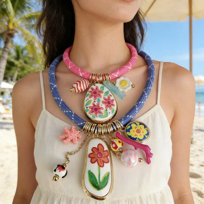 Colorful Dopamine Pink Blue Cord Choker Necklace Women Indian Boho Ethnic Statement Enamel Flower Pendant Necklace lady...