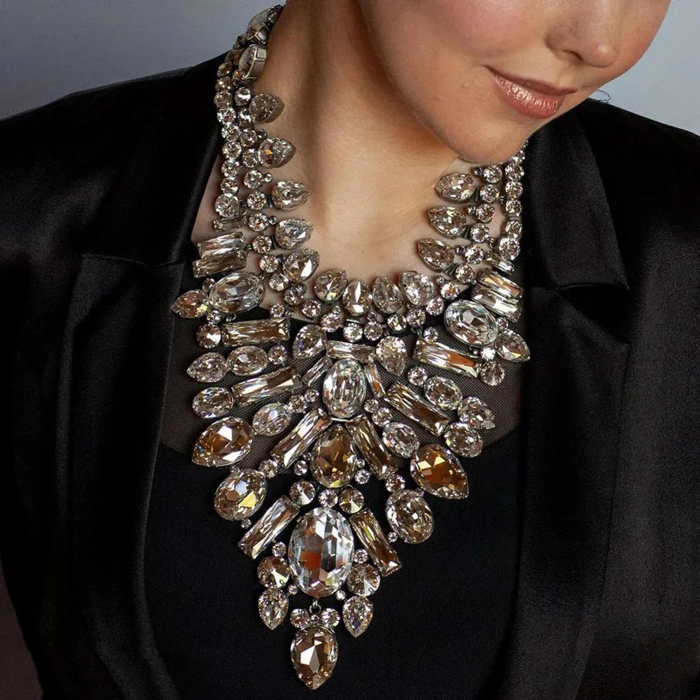 Crystal Bib Necklace Clear Rhinestone Teardrop Cluster Statement Collar Adjustable Jewelry for Women Bridal Wedding Prom...
