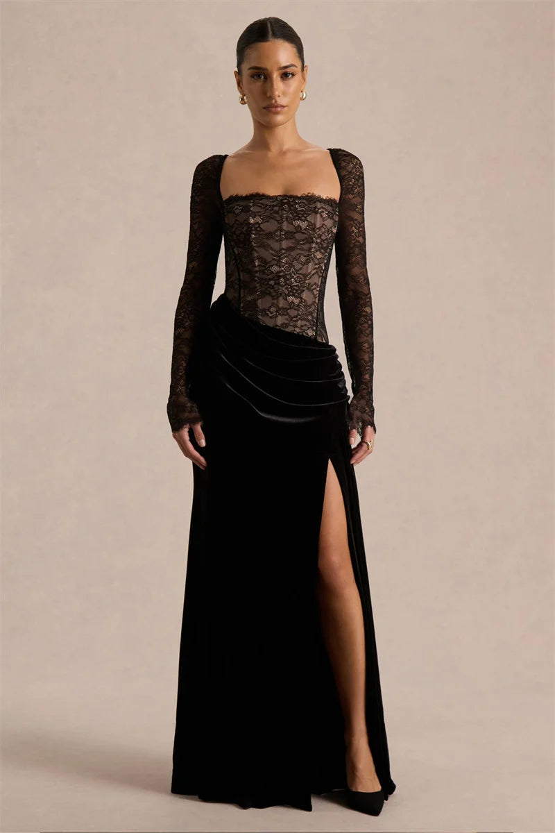 Mozision Lace Velvet Square-Neck Sexy Maxi Dress Women Elegant See Through Long Sleeve Backless Split Club Party Long...