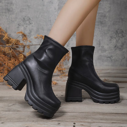 Women New Fashion Short Boots Women Sexy Leather Boot Square toe casual Zipper high heels Casual thick soled women shoes...