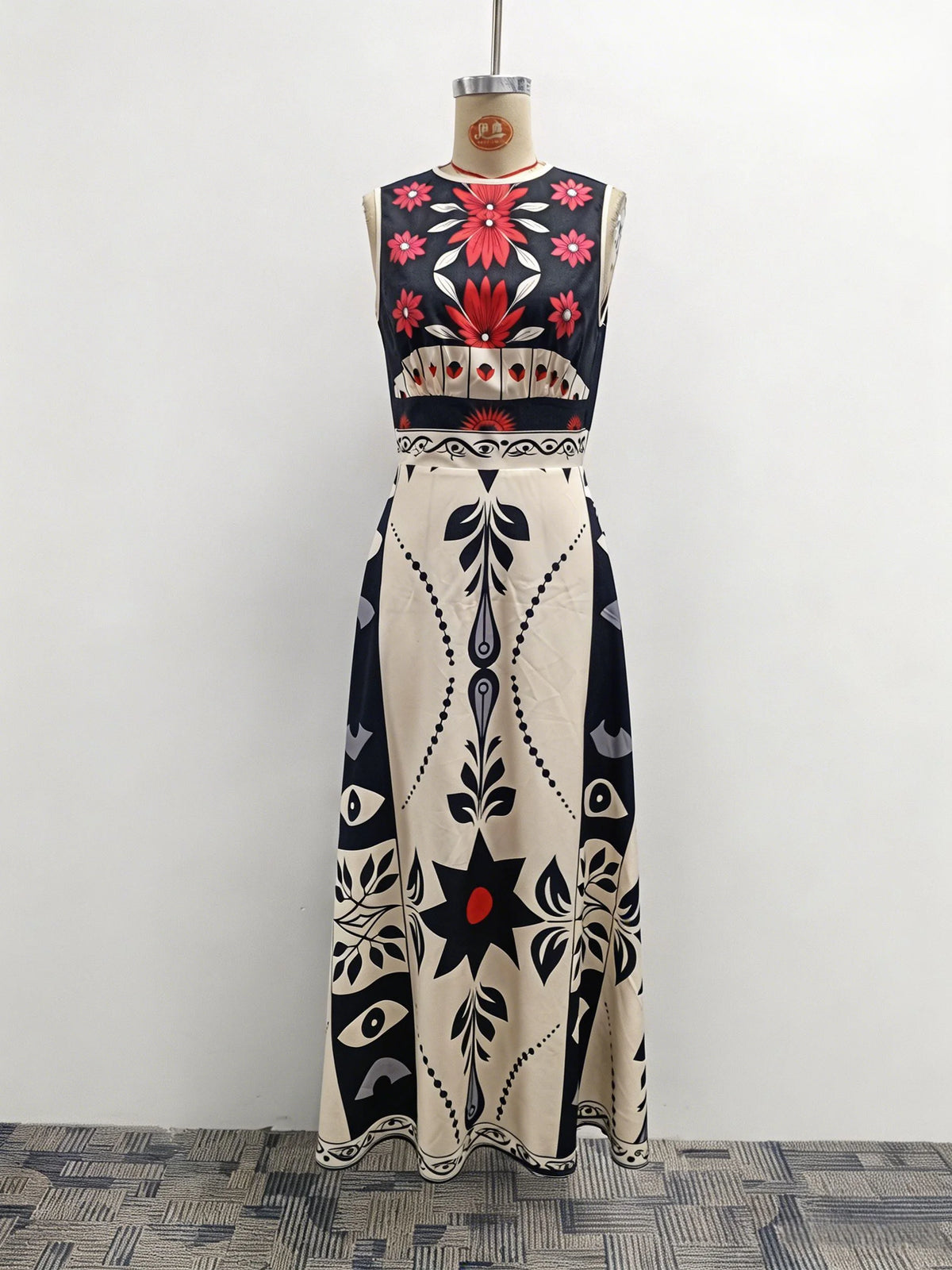 Elegant Red Floral Tribal Sleeveless Dress High Waist A Line Maxi Gown, For Wedding Guest Evening Party Vacation Outfits...