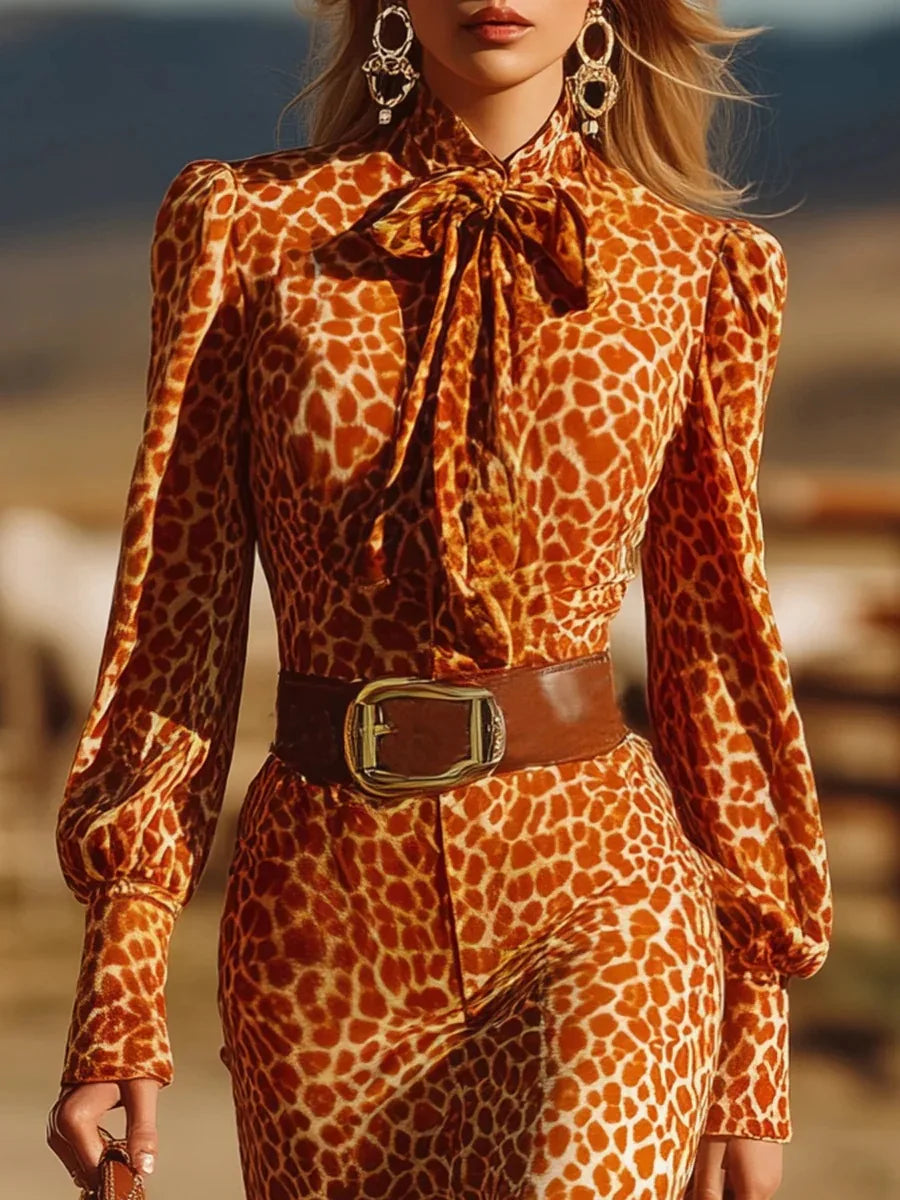 Women's Vintage Print Midi Dress Elegant Tie Neck Long Sleeve Ruffle Hem High Low Bodycon Dress Fashion Casual Western Dresses