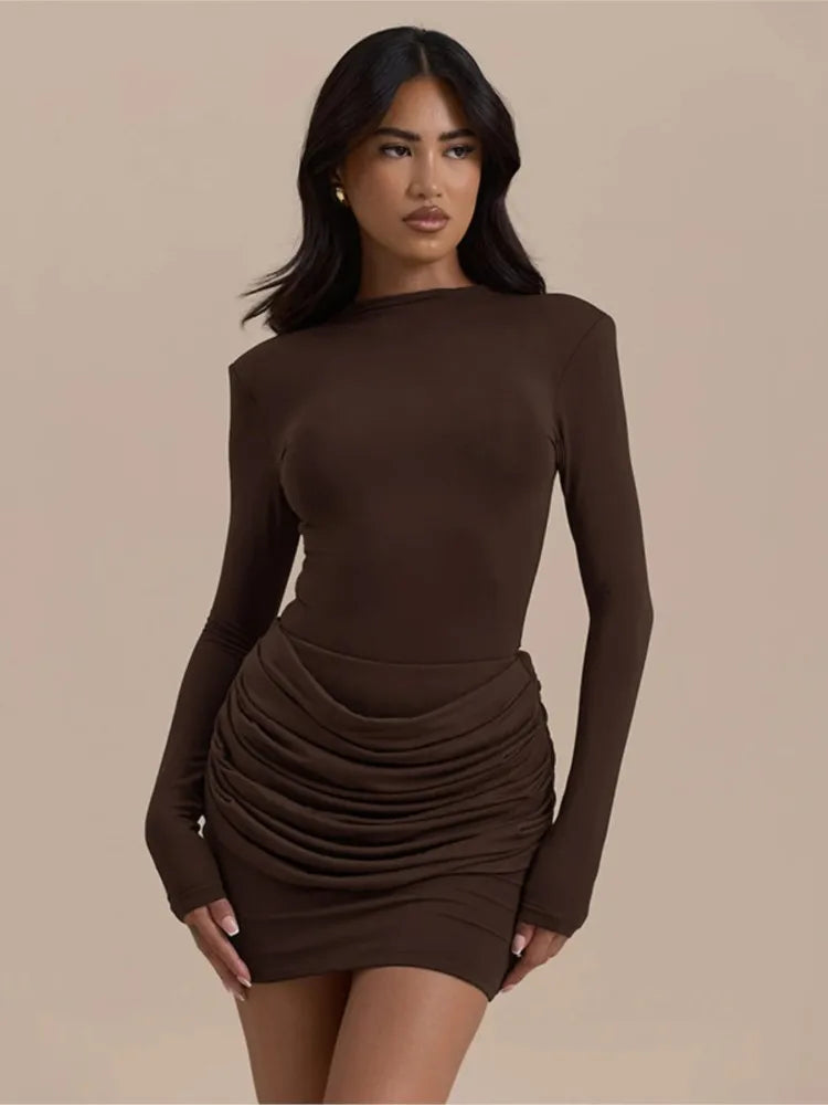 Solid Color Gathered Hip Cover Long Sleeve Dress Women's Spring Summer New Casual Round Neck Dresses For Women Ropa...