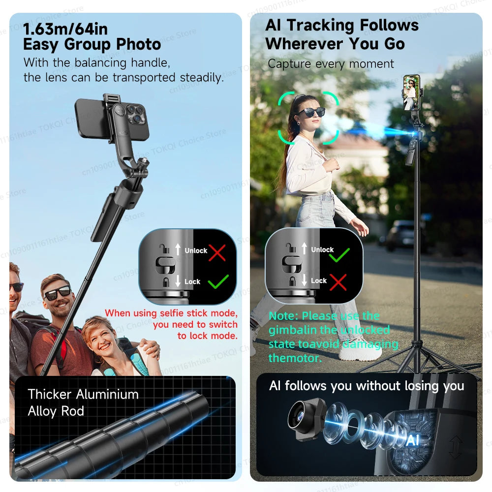 TOKQI C17 AI Tracking Gimbal Cellphone Stand Extension Rod Selfie Stick Tripod 360° Auto Rotate for Smartphones Shooting Vlog
