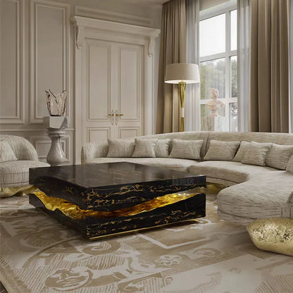 Italian Luxury Freeform Coffee Table w/ Metal Base -Designer Marble Top & Waterproof Surface for Villa Mansion Living Room Decor - Kimlud