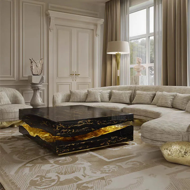Italian Luxury Freeform Coffee Table w/ Metal Base -Designer Marble Top & Waterproof Surface for Villa Mansion Living Room Decor - Kimlud