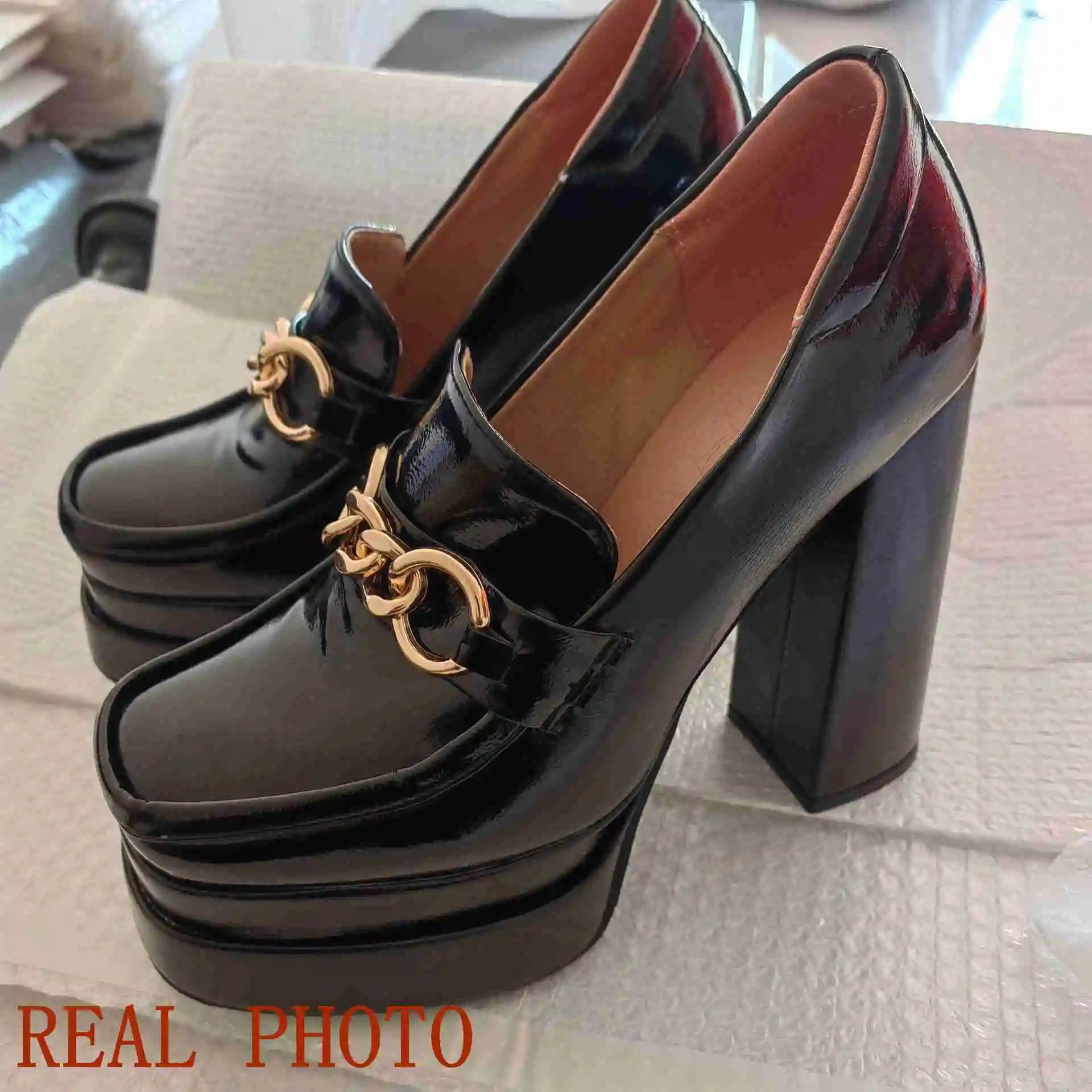 SIMLOVEYO Women Fashion Pumps Round Toe Chunky Heels 14cm Double Platform 4cm Slip On Metal Decor Big Size 43 44 45...