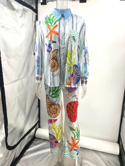 Bohemia Satin Print Loose Two Piece Sets Women Causal Long Sleeve Shirts+Long Wide Leg Pants Female Beach Summer Outfits