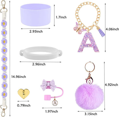 7PCS Accessories Set for Stanley Cup Purple Straw Topper Cup Boot Water Bottle Handle Strap Letter Charms 40oz 30oz Tumbler