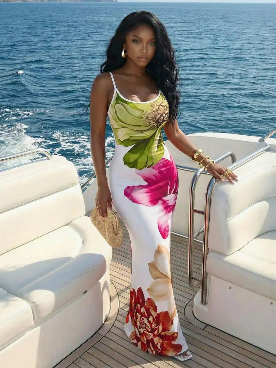 Womens Floral Print Elegant Waist Cinched Long Strap Dress For Party,Summer Dresses For Women
