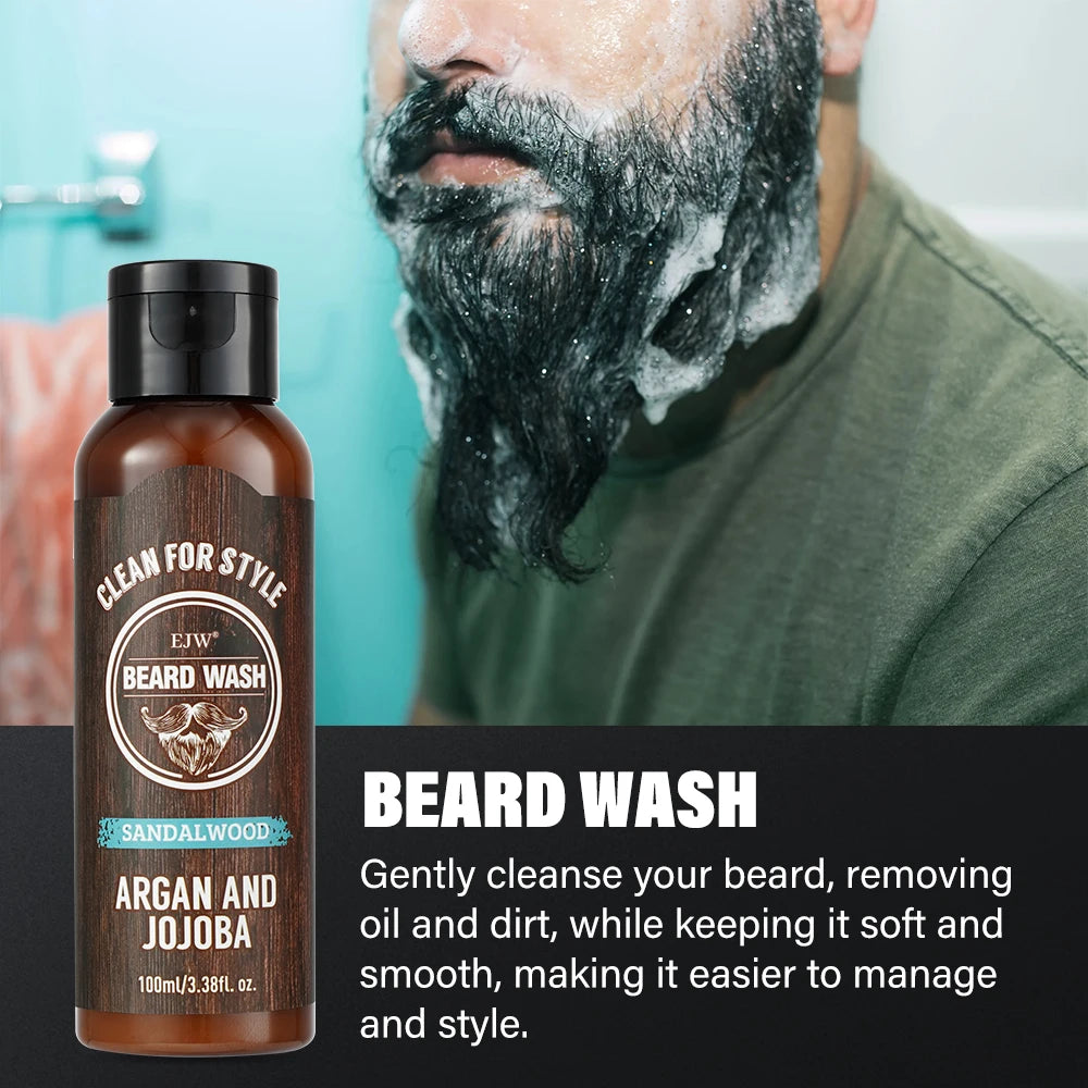 Beard Care Set, Sandalwood Beard Shampoo and Beard no-rinse conditioner- Softens & Strengthens Beard, with Argan and Jojoba Oil