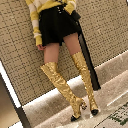 Colored Rhinestone Cowhide Mid Tube/knee Length Boots Thick Heeled Square Toe Black Gold Runway Runway Performance High Heels