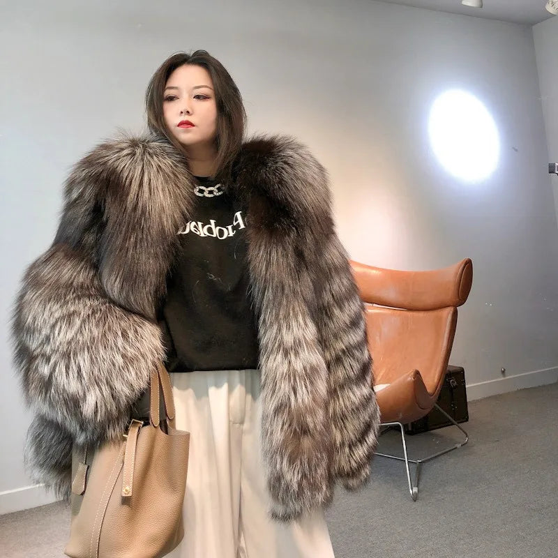 Real Natural Silver Fox Fur Coat Highend Quality Hood Genuine Women Winter Luxury Female Jacket Long Sleeve
