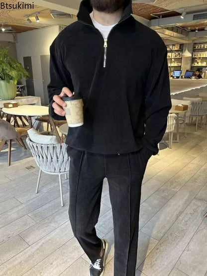 New Men's Corduroy Two Piece Sets Fashion Casual Long Sleeve Sweatshirts and Pants Trend Streetwear Spring Autumn Men Tracksuits