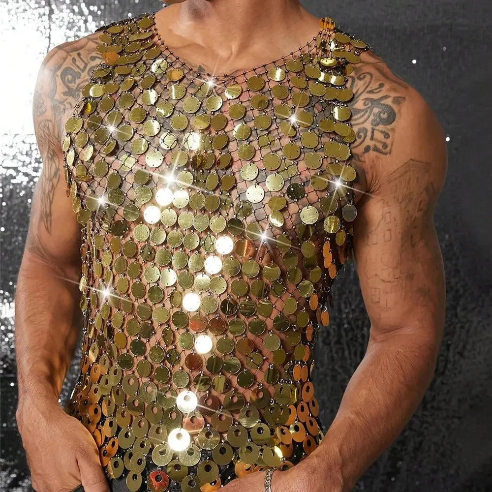 Sparkling Diamond Cut-Out See-Through Vest For Men - New Summer Style Sexy Nightclub Party Fishnet Beaded Outerwear Top - Kimlud