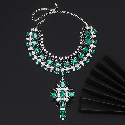 XSBODY Large Cross Pendant Choker Green Crystal Bridal Accessories Fashion Geometric Rhinestone Necklace Earrings Set Piercing