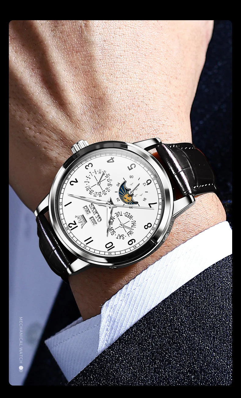 OLEVS 6698 Mens Watch Luxury Dress Brand Moon Phase Automatic Mechanical Watch For Men Leather Waterproof Dual Calendar...