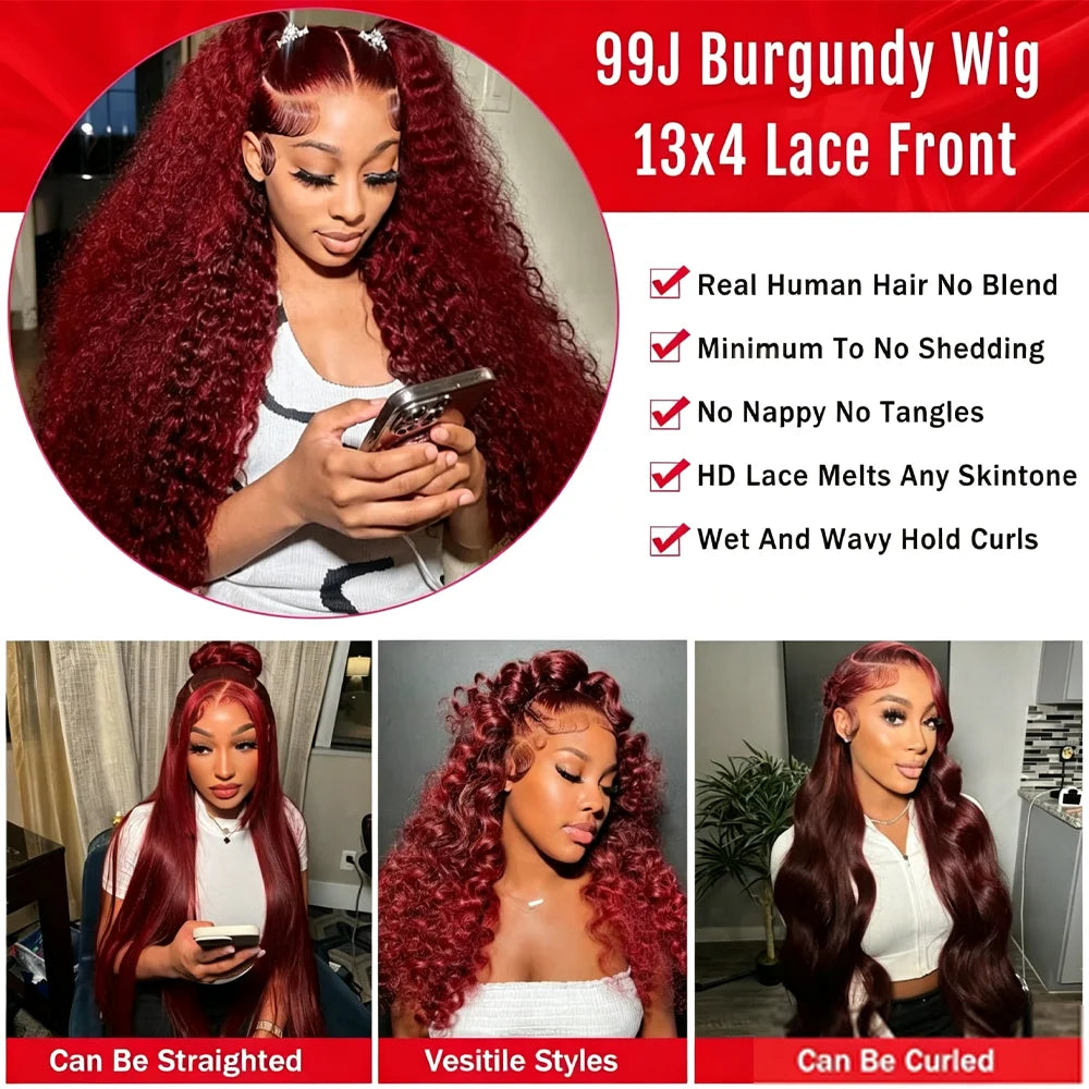 Deep Wave Human Hair Wig For Woman On Sale Natural Hairline 13x4 HD Lace Frontal Wigs Pre Plucked with Baby Hair 99J Burgundy