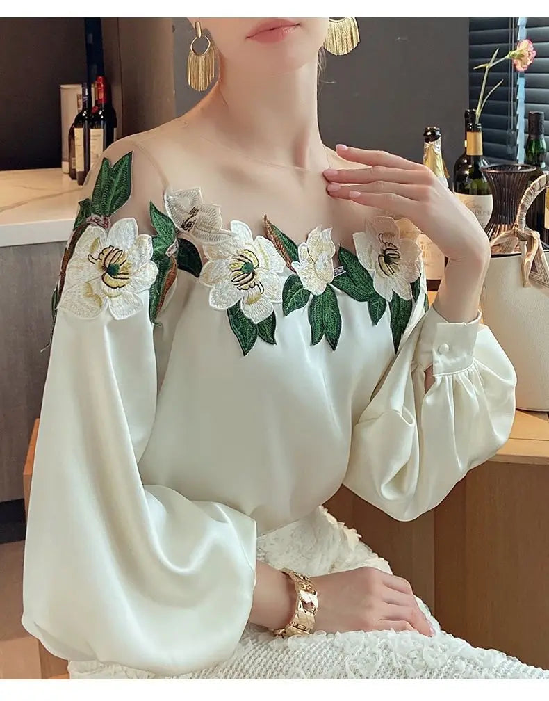 Vintage Embroidered Shirt Elegant Mesh Patchwork Satin Blouse O-neck Tops Spring Autumn Long Lantern Sleeve Women Clothes 24976