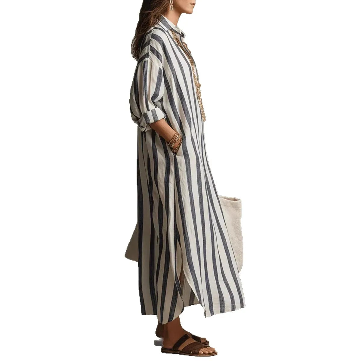 2026Spring Summer Casual Elegant Turn Down Collar Breathable Dress For Women Party Dress Boho Striped Printed Loose Beach - Kimlud