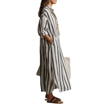 2026Spring Summer Casual Elegant Turn Down Collar Breathable Dress For Women Party Dress Boho Striped Printed Loose Beach - Kimlud