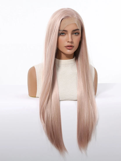 Long Straight Ash Pink 13x4 HD Lace Front Wig 30 Inch Glueless Synthetic Transparent Lace Frontal Wigs Pre Plucked Pastel Rose Gold for Women