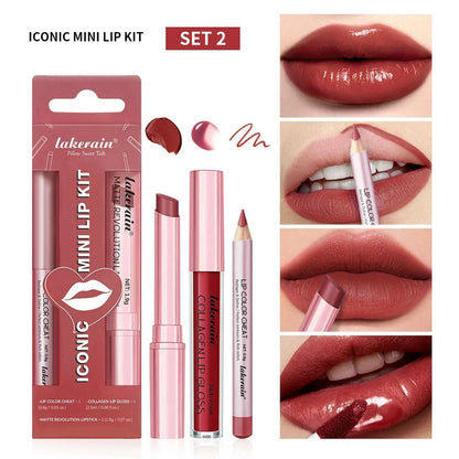 3pcs Lip Makeup Set Lip Liner Lip Gloss Lipstick Mirror Effect Beep Lips High Color Long-lasting Hydrates Travel Mini Set