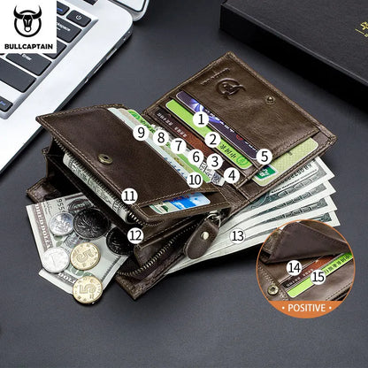 BULLCAPTAIN RFID Blocking Men's Wallet Man Vintage Cow Genuine Leather Wallet Male Handmade Billfold Coin Purse Short Wallet