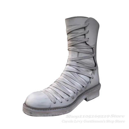 White Retro Classic Cross Strap Thick Soled High Top Boots for Men Handmade Old Motorcycle Boots Back Zipper Mid Calf Boot