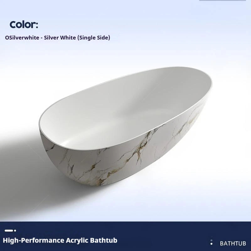 Luxury marble-patterned freestanding bathtub, oval-shaped artificial stone soaking tub, suitable for hotels and villas.