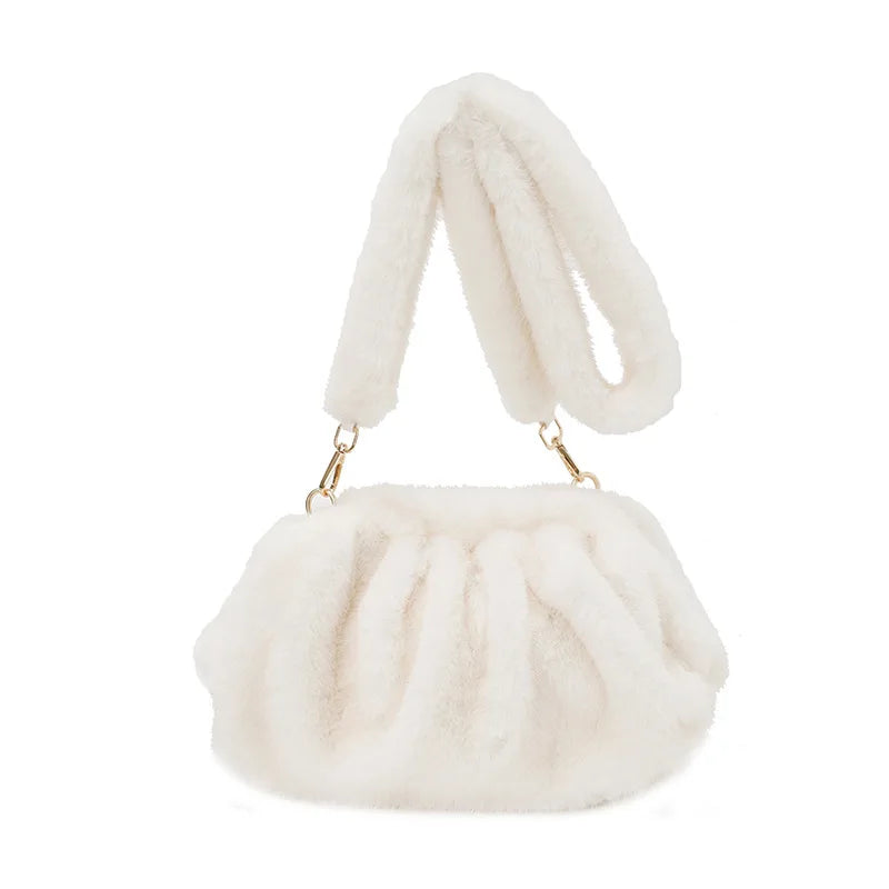 Fashionable Wrinkled Cloud Bag Soft Faux Fur Small Shoulder Bags for Women 2025 Winter Trend Korean Plush Handbags Crossbody Bag
