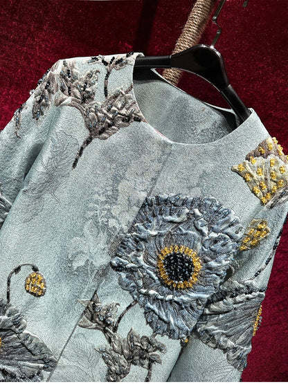 2025 Luxury Girls Vintage Embroidery Jacket Women Floral Beading Long Coat Wide Waisted O-neck Outwear Trench 2/3 Sleeves