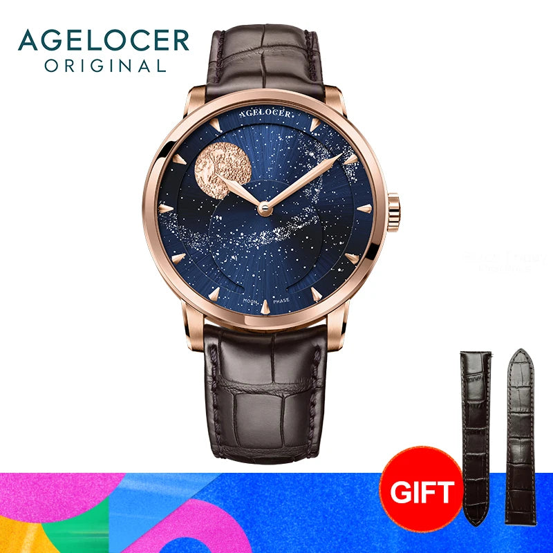 AGELOCER Original Astronomer Watch Men's Business Luxury Gold Watch Automatic Mechanical Moon Phase Watch Birthday Gift for Men