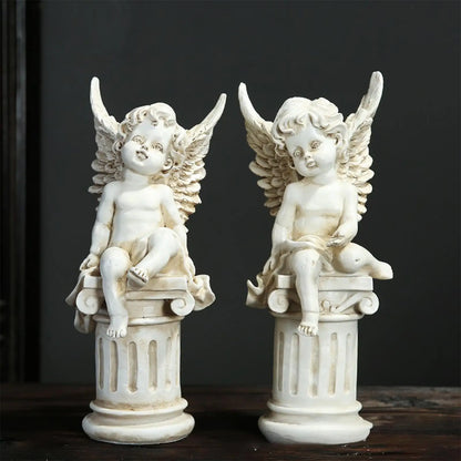 2 Cherub Statues Roman Pillar Decorative Photo Props Garden Figurines Sculptures for Outdoor Landscaping Fountain Porch Patio