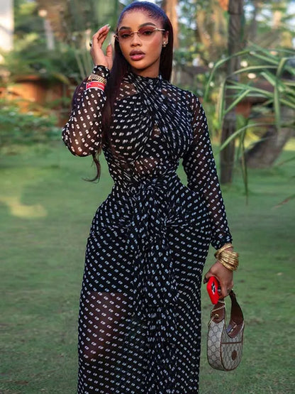Spring Female Clothes Long Sleeve Maxi Dress for Woman Boho Black and White Dresses Elegant Mid-turtleneck Waist Slimming Dress