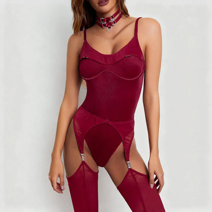Ellolace Solid Women's Lingerie Sets Willowy Open Crotch Bodysuit 5PC Stunning Metal Decor Dance Party Stockings...