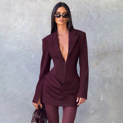 Blifanbo Elegant Deep V Neck Ruched Mini Autumn Long Sleeve Slim High Waist Fashion Patchwork Club Party Dress Female Clothes