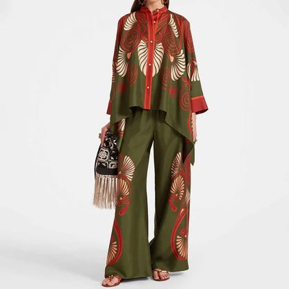 2 Piece Sets Fashion Women's Irregular Geometric Print Pants Sets Long Sleeve Shirts And Wide Leg Pants Stylish Streetwear Suit