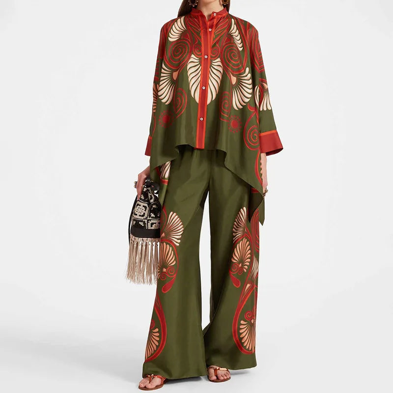 2 Piece Sets Fashion Women's Irregular Geometric Print Pants Sets Long Sleeve Shirts And Wide Leg Pants Stylish Streetwear Suit