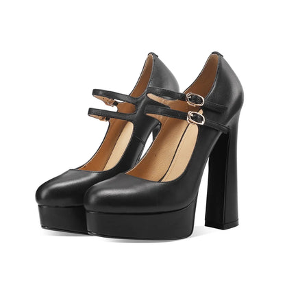 Arden Furtado Spring Beige Cowhide Platform High-Heeled Shoes Round Toe Chunky Heels Double-Row Buckle Pumps Mary Jane Shoes