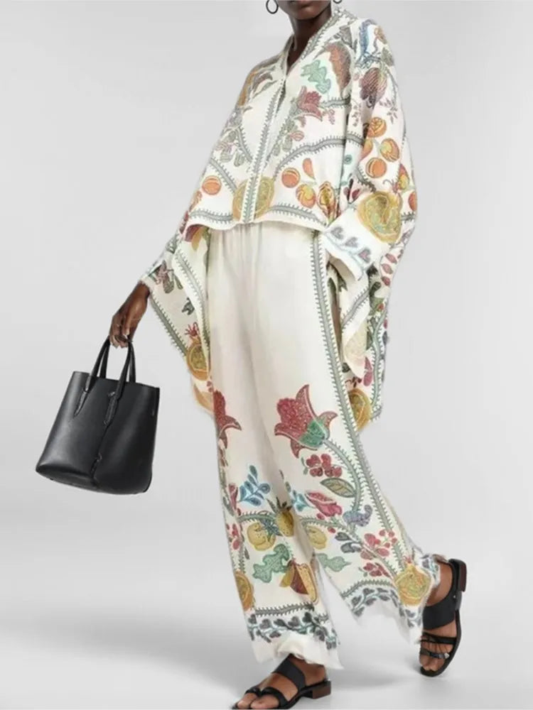 2 Piece Sets Fashion Women's Irregular Geometric Print Pants Sets Long Sleeve Shirts And Wide Leg Pants Stylish Streetwear Suit
