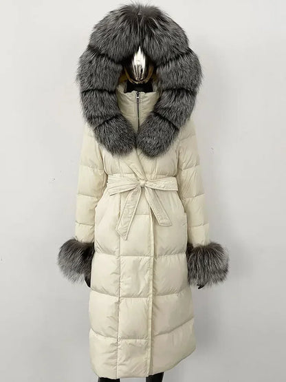 CXFS New Real Raccoon Fox Fur Collar Hooded Natural Long Winter Jacket Women 90 White Duck Down Coat Thick Warm Casual Outerwear