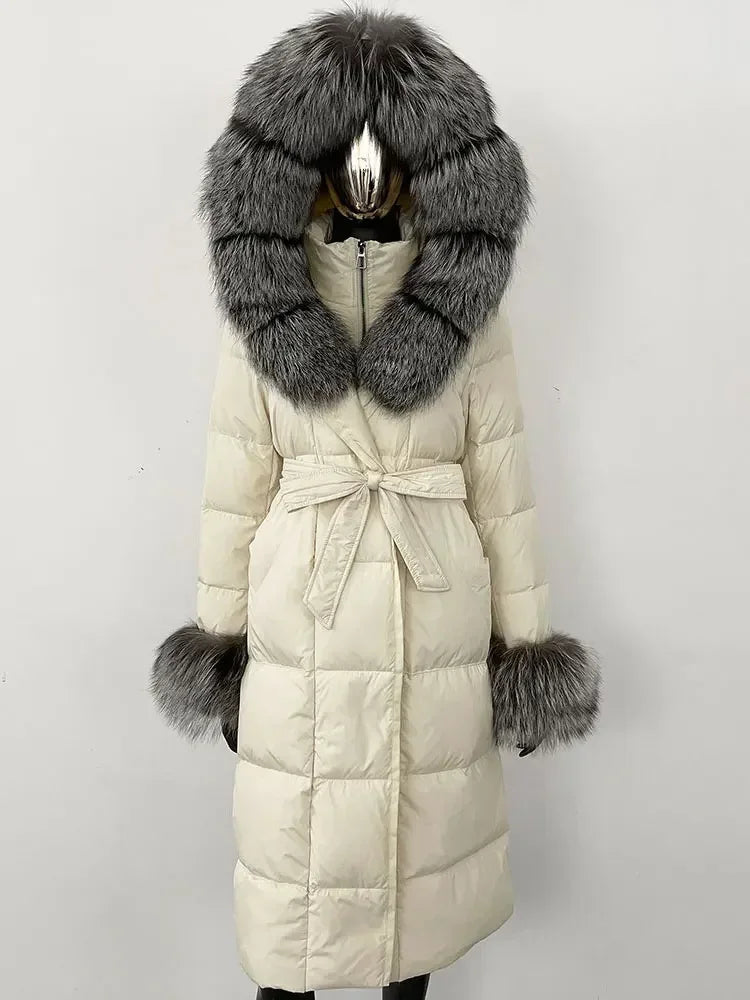CXFS New Real Raccoon Fox Fur Collar Hooded Natural Long Winter Jacket Women 90 White Duck Down Coat Thick Warm Casual Outerwear