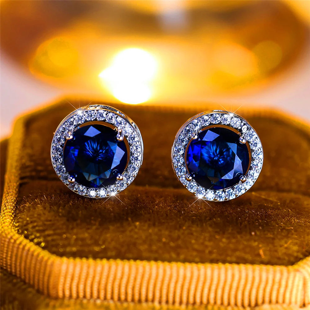 Luxury Female Crystal Purple Blue Green Round Stud Earrings Silver Color Wedding Jewelry For Women | Kimlud Luxury Jewelry