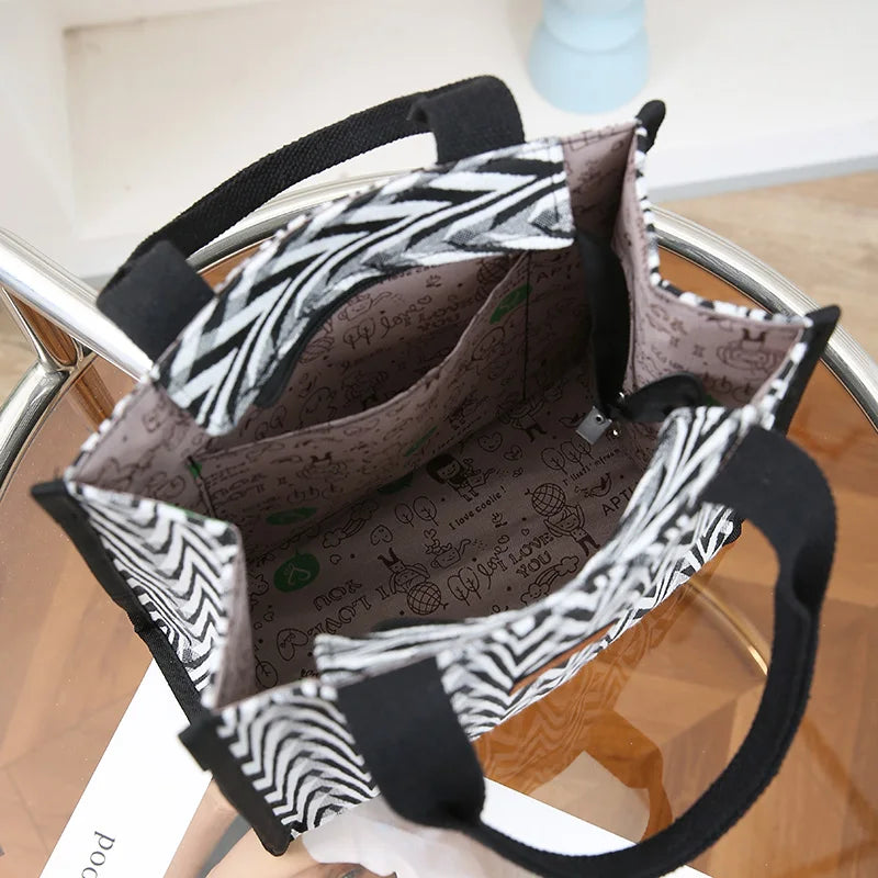 Chevron Pattern Canvas Tote Bag, Retro Letter Patch Decor Handbag, Women's Causal Shopper & Commuter Bag