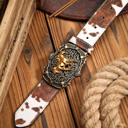 A unisex Western-style, individualistic and retro belt, a brown (random pattern) PU belt (with perforated nails)