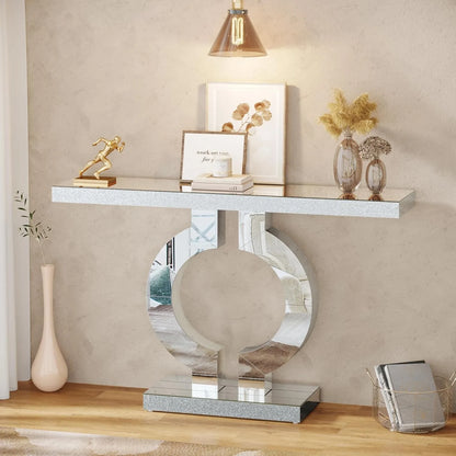 Mirrored Console Table with O-Shaped Base, Entryway Table Glass Sofa Table with Mirror Finish, Rectangle Accent Foyer...