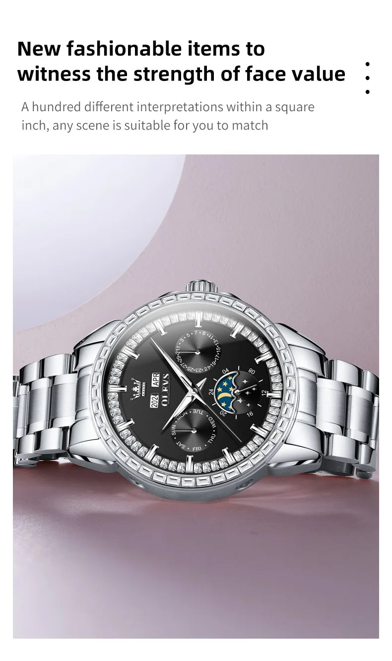 OLEVS 6695 Automatic Mechanical Men's Watches Luxury Brand Original Diamond Bezel Moon Phase Perpetual Calendar Man...
