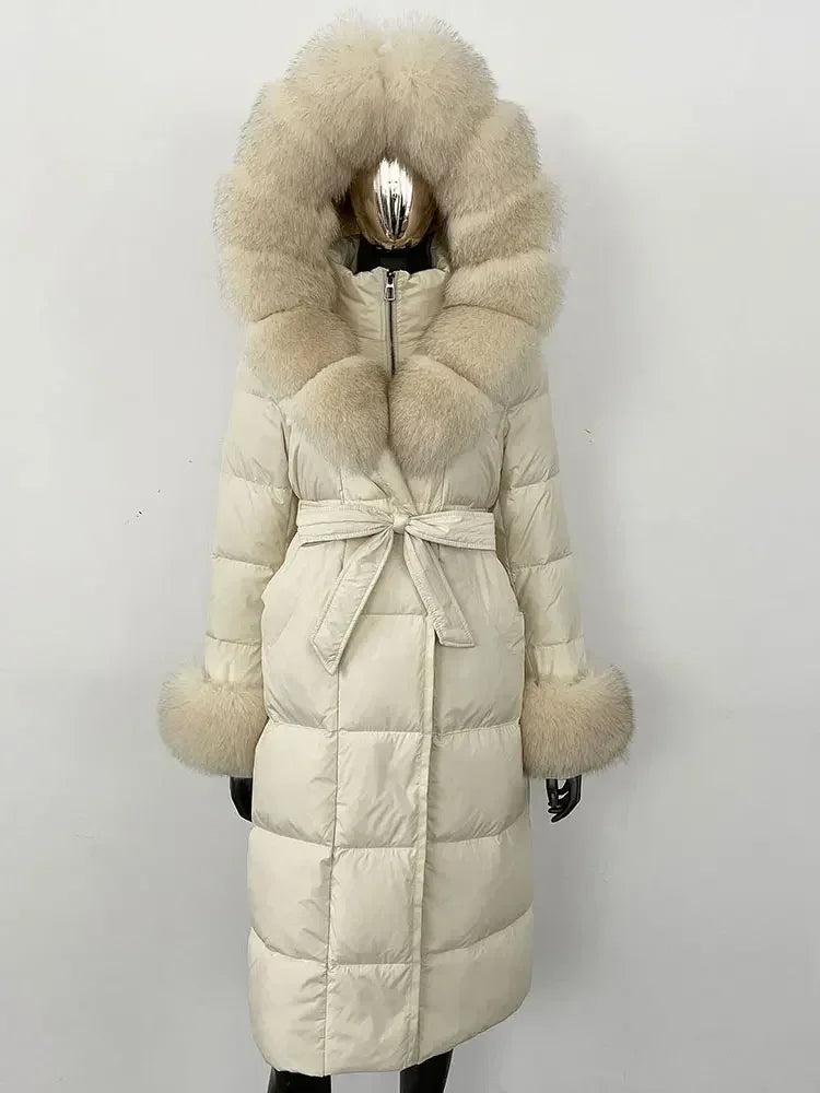 CXFS New Real Raccoon Fox Fur Collar Hooded Natural Long Winter Jacket Women 90 White Duck Down Coat Thick Warm Casual Outerwear
